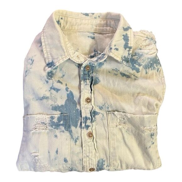 Mother Denim Double Foxy XS Button Down Shirt Clouds Blue Tie Dye Distressed - Picture 10 of 10